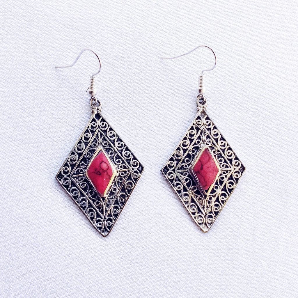 Diamond tribal earrings - Red Stone - Earrings - Boho Jewelry - Lost Lover