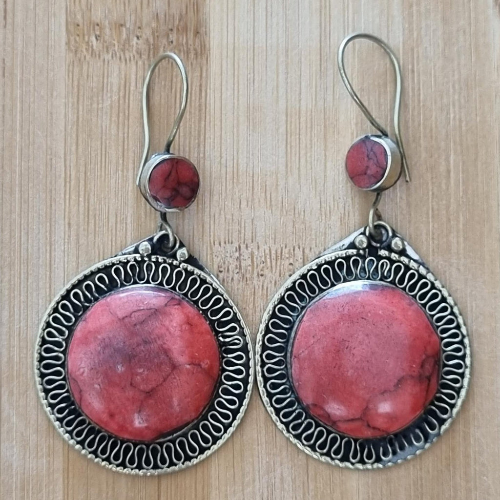 Handmade Tribal Circle Earrings - Red Stone