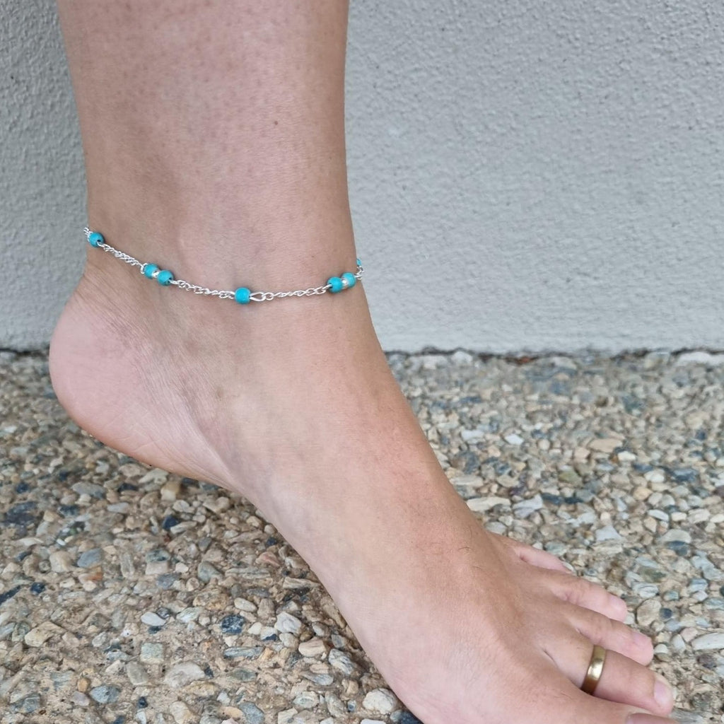 Silver Anklet with Turquiose Beads - Boho Style