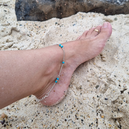 Silver Anklet with Turquiose Beads - Boho Style
