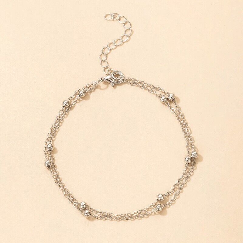 Double Layer Silver Anklet with Beads -  Elevate Your Bohemian Dance!