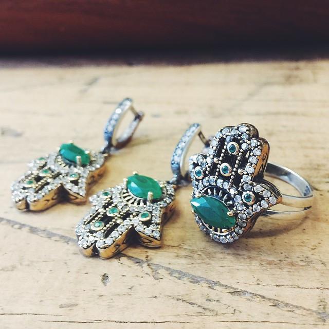 The Jewelled Hamsa Ring - Emerald - Ring - Bohemian Jewellery and Homewares - Lost Lover