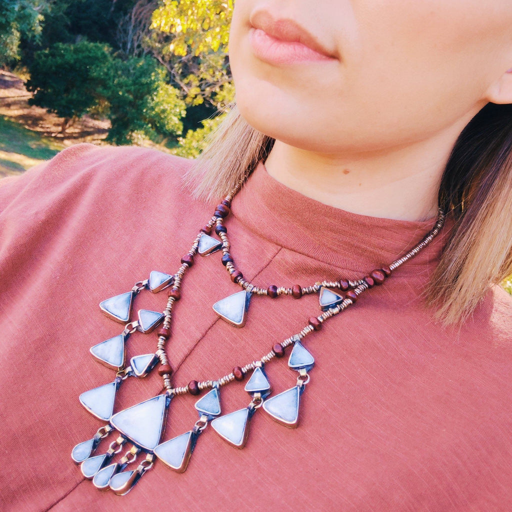 Tribal Triangle Shaped Grey Stone Necklace - Necklace - Boho Jewelry - Lost Lover