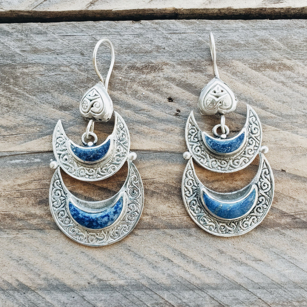 Double Crescent tribal earrings - Lapis - Earrings - Boho Jewelry - Lost Lover