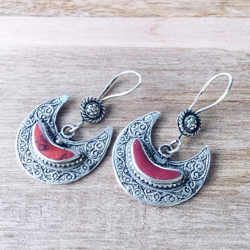 Crescent tribal earrings - Coral - Earrings - Bohemian Jewellery and Homewares - Lost Lover