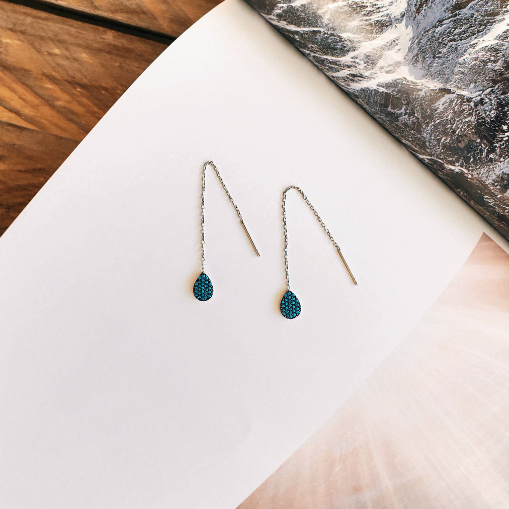 Turquoise Teardrop Thread Earrings - Silver - Earrings - Boho Jewelry - Lost Lover
