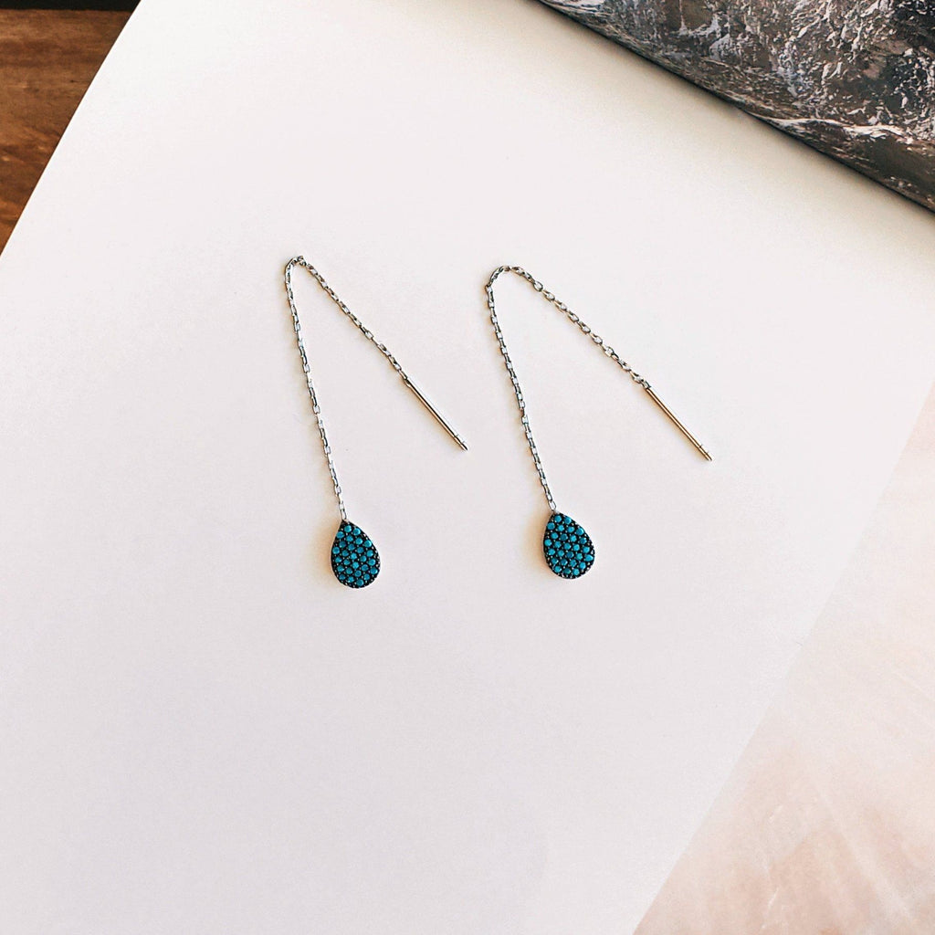 Turquoise Teardrop Thread Earrings - Silver - Earrings - Boho Jewelry - Lost Lover