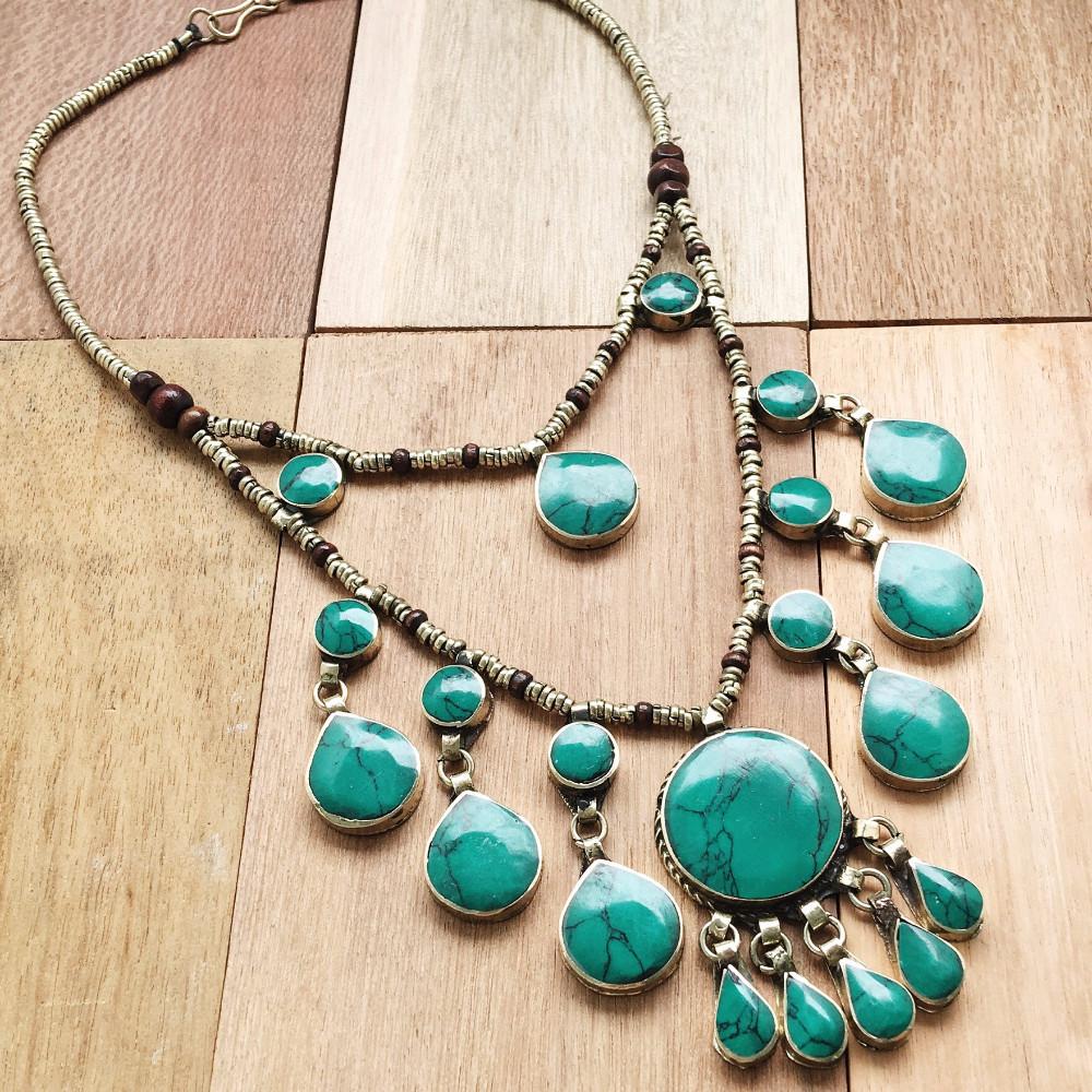 Two tier tribal green stone necklace - Necklace - Bohemian Jewellery and Homewares - Lost Lover